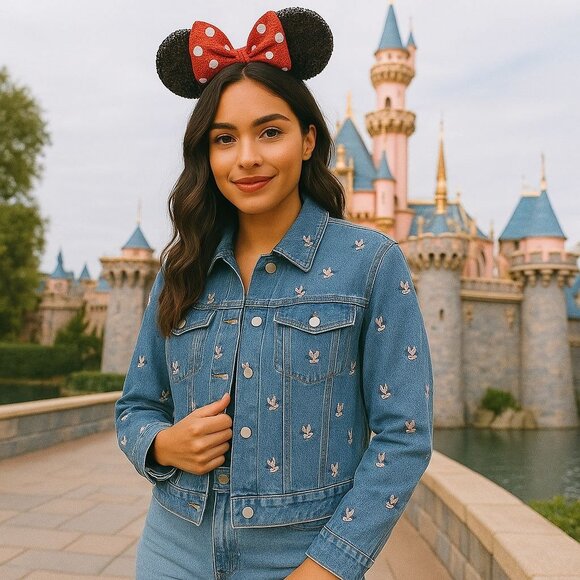 Disney Minnie Mouse Button Down Denim Jacket Collared Classic Jean Sweater XL - Picture 2 of 12